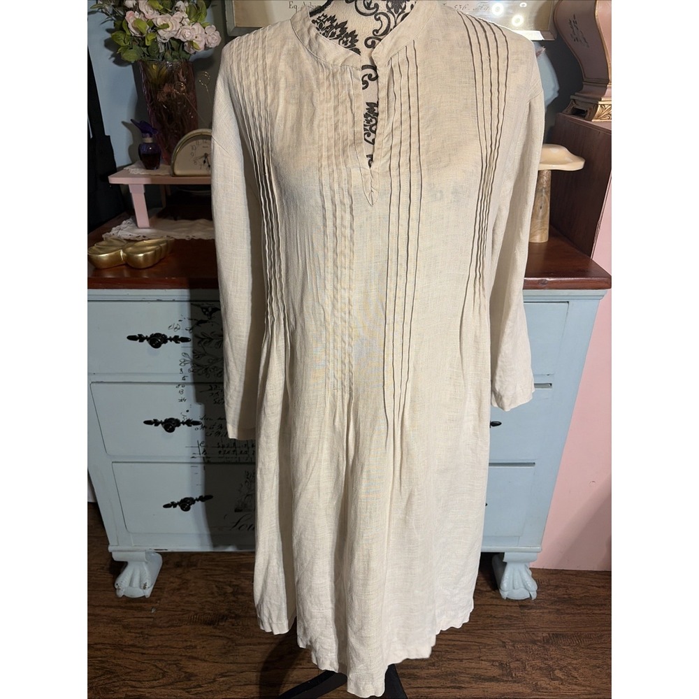 Dolma Women's 100% Linen Beige V Neck Pleated Boho Tunic Dress Top Sz XL